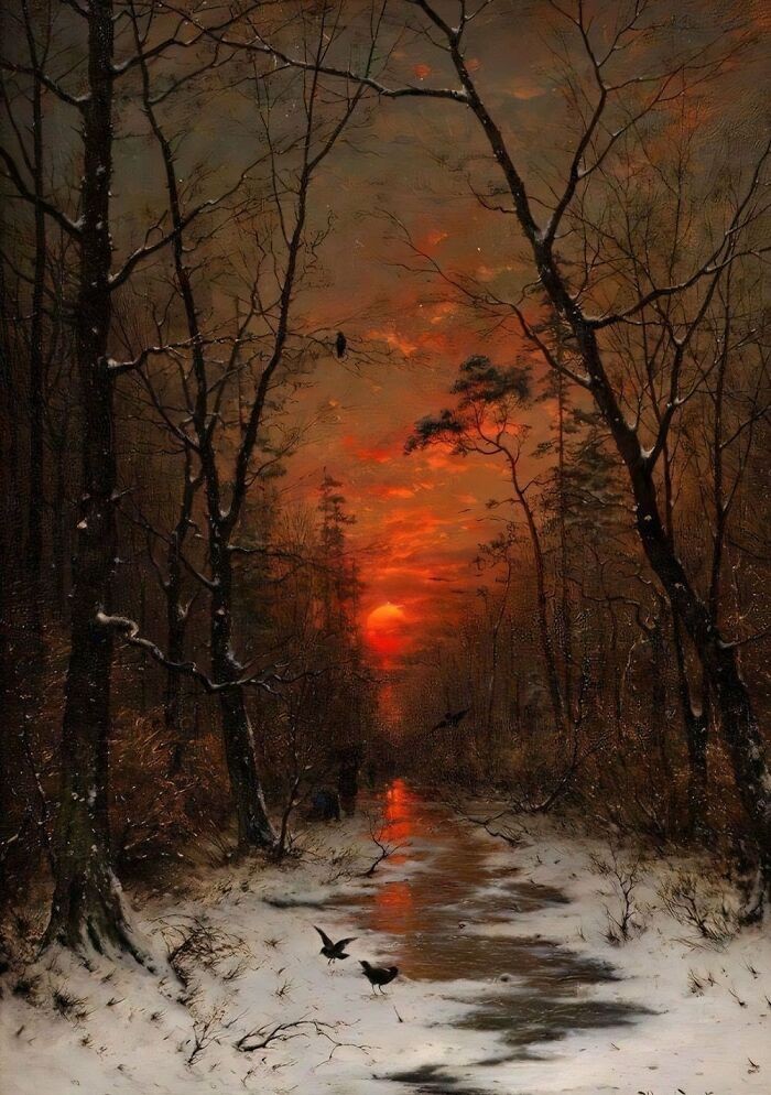 „Zachód słońca nad zimowym lasem” – niemiecki artysta Heinrich Gogarten, ok. 1881